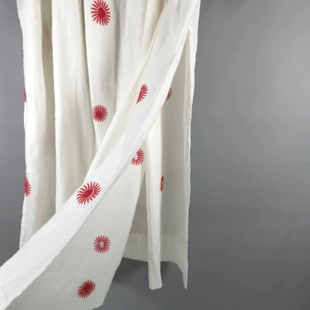 FREE‎ PEOPLE NWOT LINEN Blend EMORY EMBROIDERED MIDI DRESS Slit Side LS IVORY L